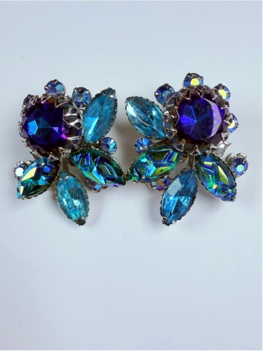 Judy Lee Peacock Blue & Green Rhinestone Crystal Silver Tone VTG Earrings